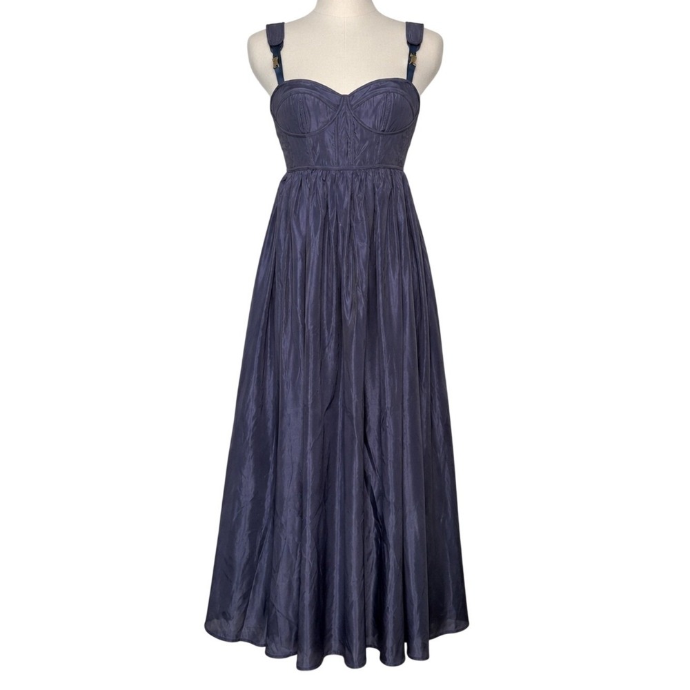 AMUR Bustier Corset Midi Dress Navy Taffeta Fit Flare Cocktail Small